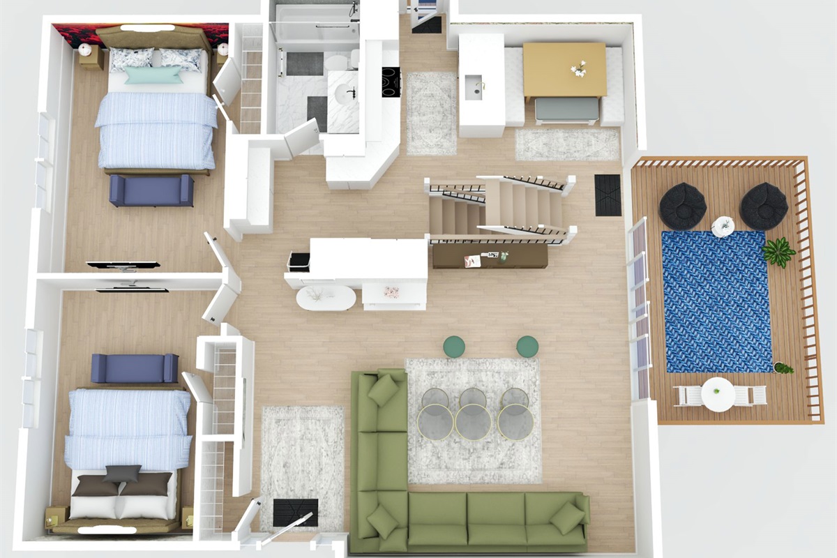 The main level is approximately 1,100 sq ft and includes the living room, two bedrooms, full bathroom, kitchen, dining room, and outdoor deck / patio access