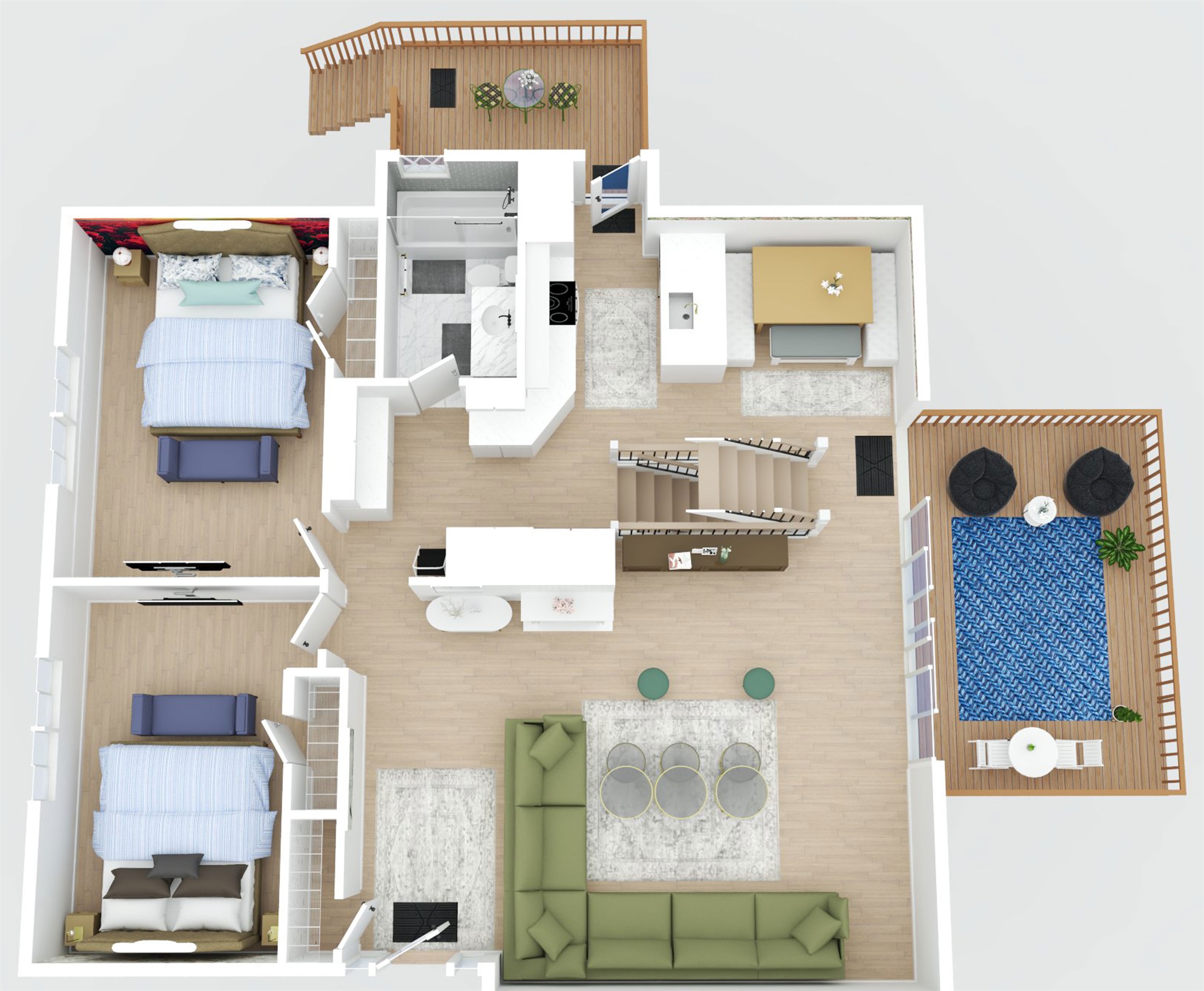 The main level is approximately 1,100 sq ft and includes the living room, two bedrooms, full bathroom, kitchen, dining room, and outdoor deck / patio access