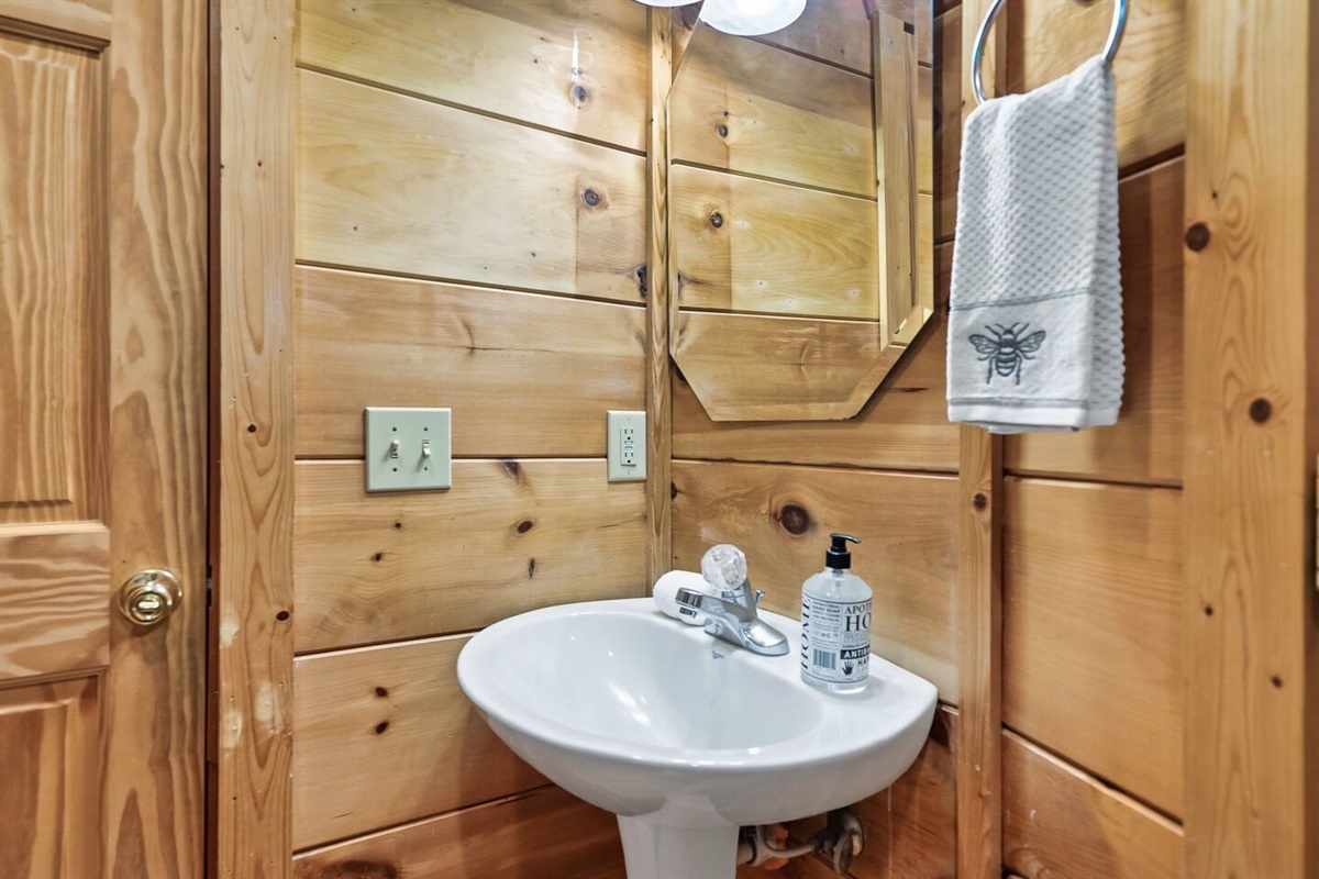A compact and inviting bathroom setup with a white pedestal sink, rustic wood-paneled walls, and a mirror that blends functionality with the warm aesthetics of a cabin retreat.
