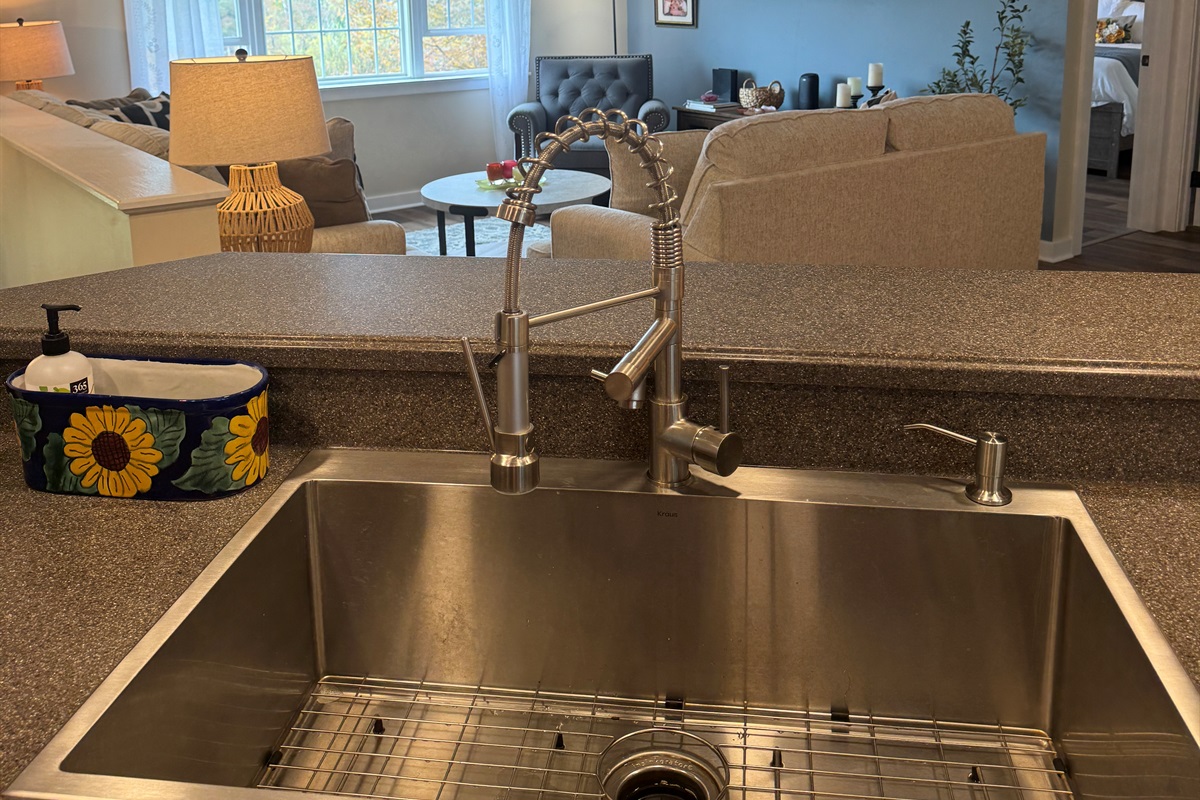 Kitchen with living room beyond