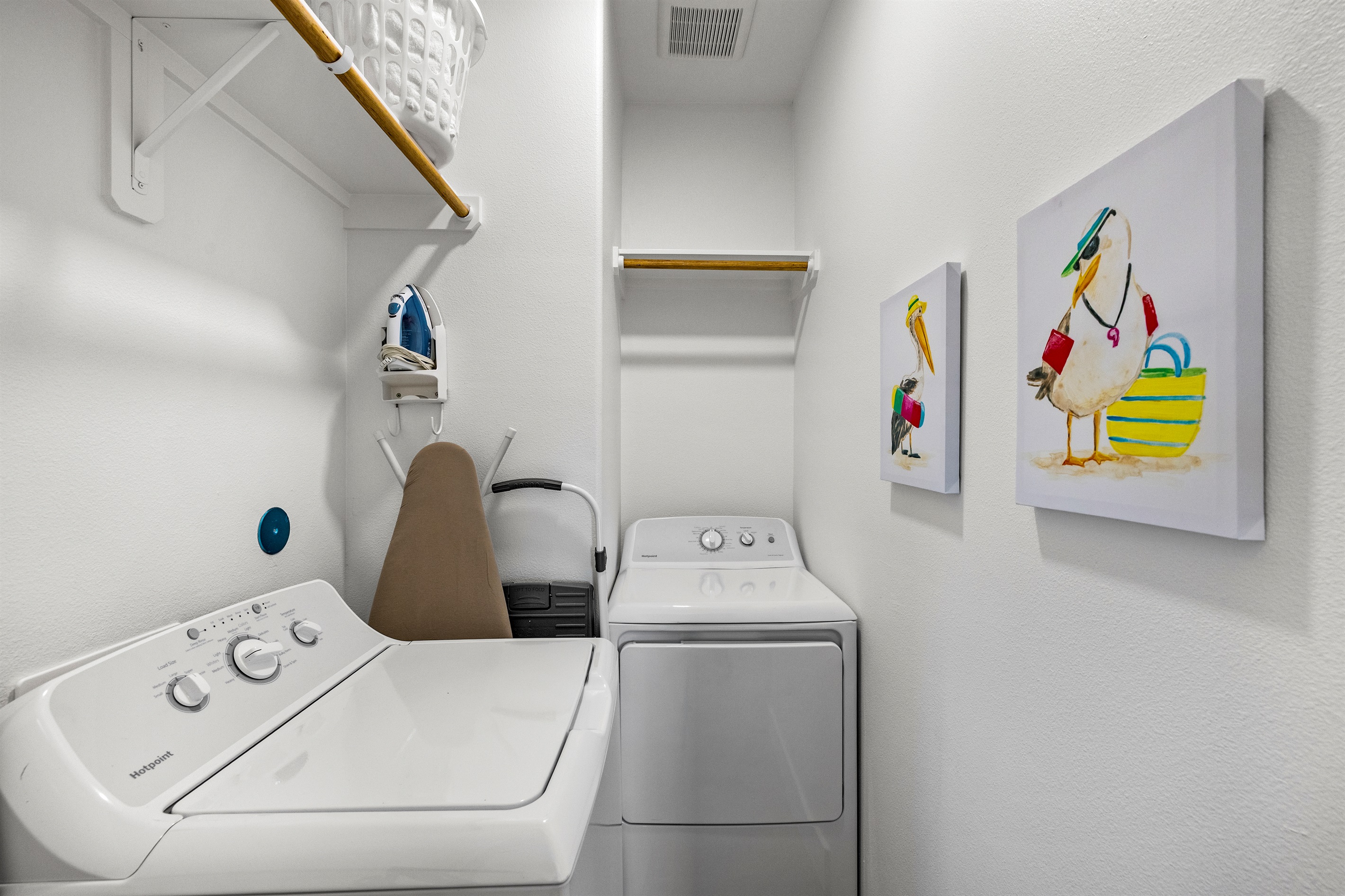 Enjoy ensuite washer and dryer, iron ironing board and steamer. We'll get you started with a few laundry detergent pods.