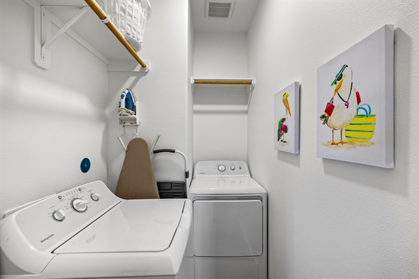 Enjoy ensuite washer and dryer, iron ironing board and steamer. We'll get you started with a few laundry detergent pods.