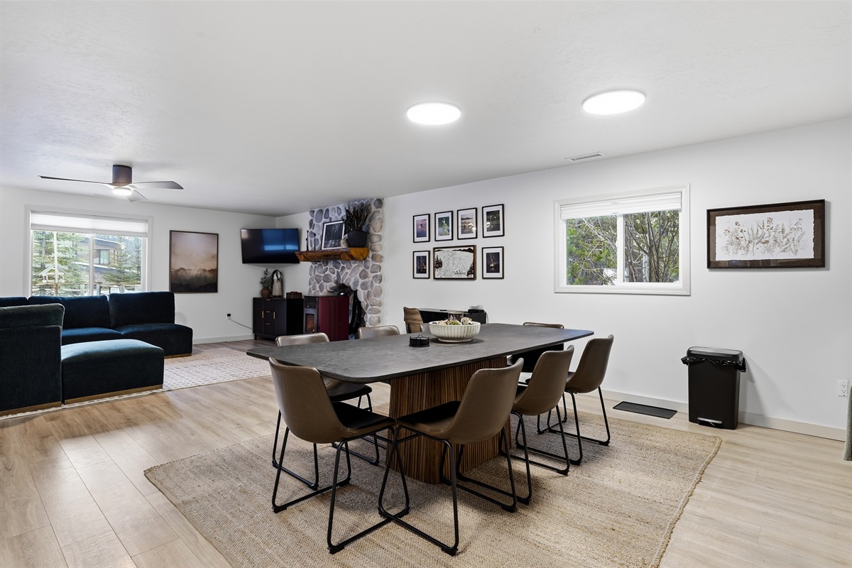 Pristine kitchen and spacious dining for groups.