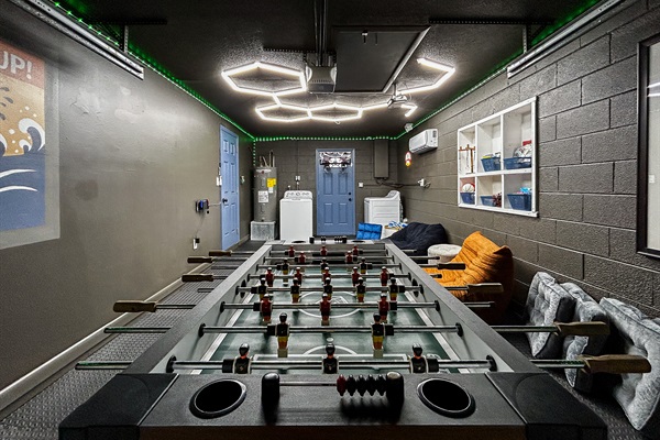 Garage Game Room Air Conditioned with Foosball, Nintendo Switch with Mario Kart, Comfortable Seating, Foam Mat Flooring, LED Lights, Mini Basketball, Games, Books & More