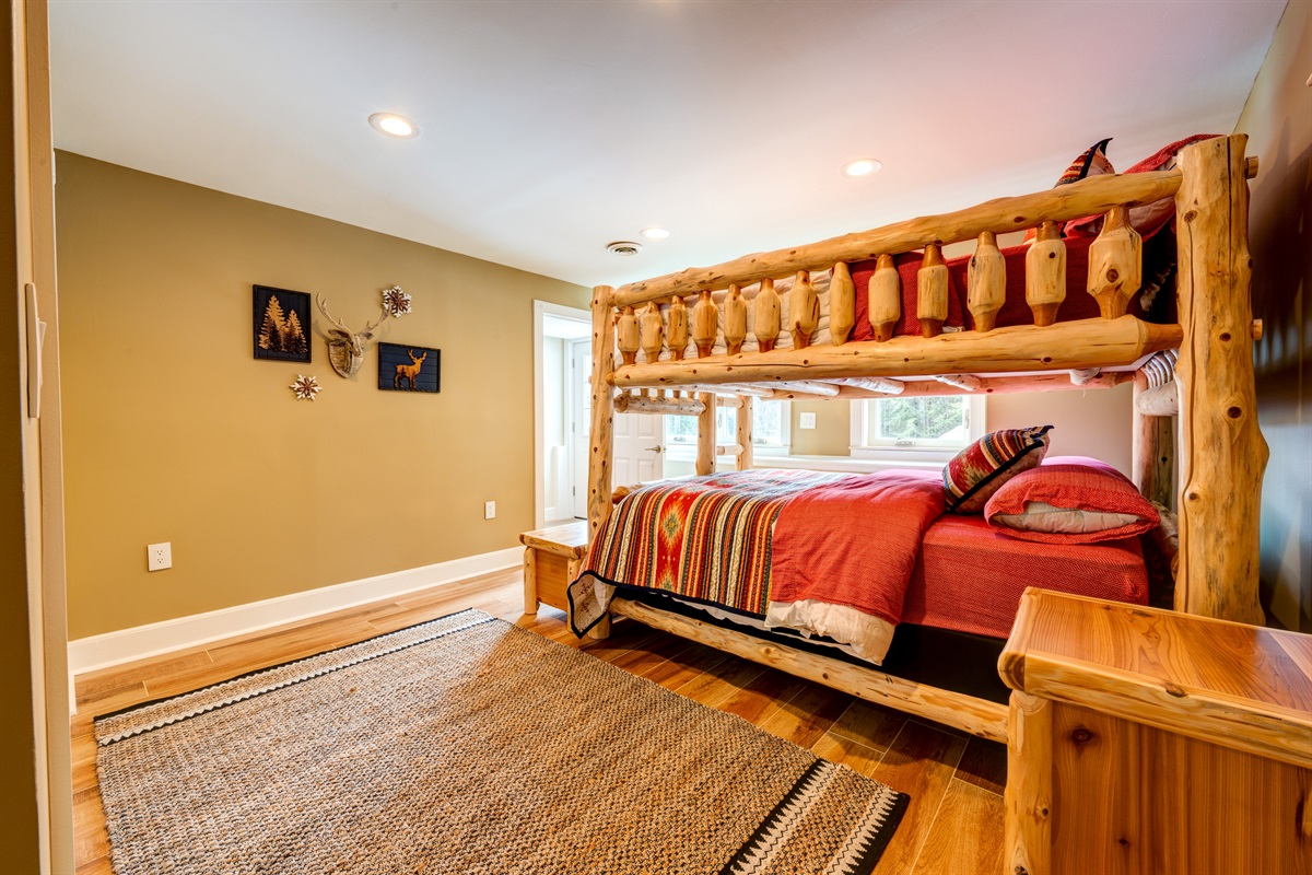 Bottom Floor Bunk Beds, both with full size mattresses and closet