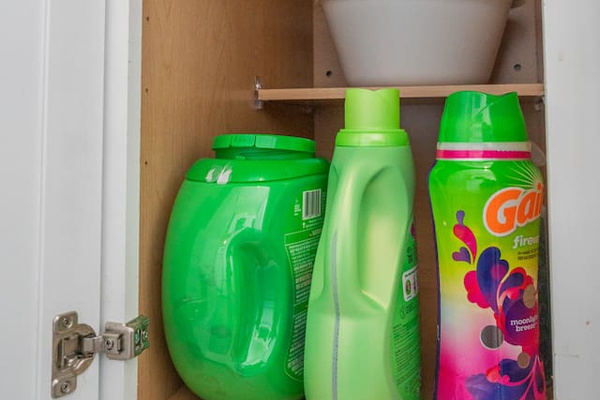 Cleaning materials are conveniently stored in the sink cabinet for easy access during your stay.