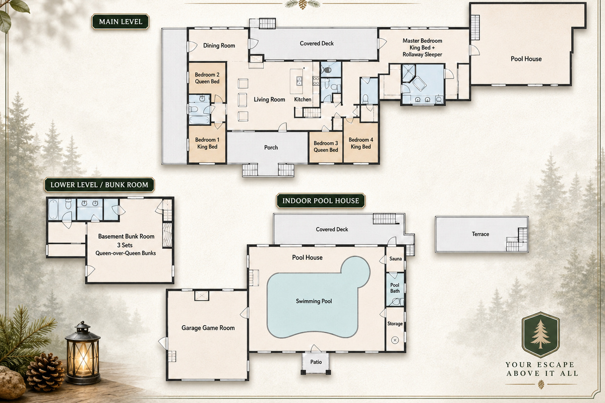 {Floor Plan} Explore The Canopy Club’s spacious layout, thoughtfully designed for large groups with six bedrooms, multiple gathering spaces, a private indoor pool house, sauna, game room, and a bunk room with three queen-over-queen bunks.