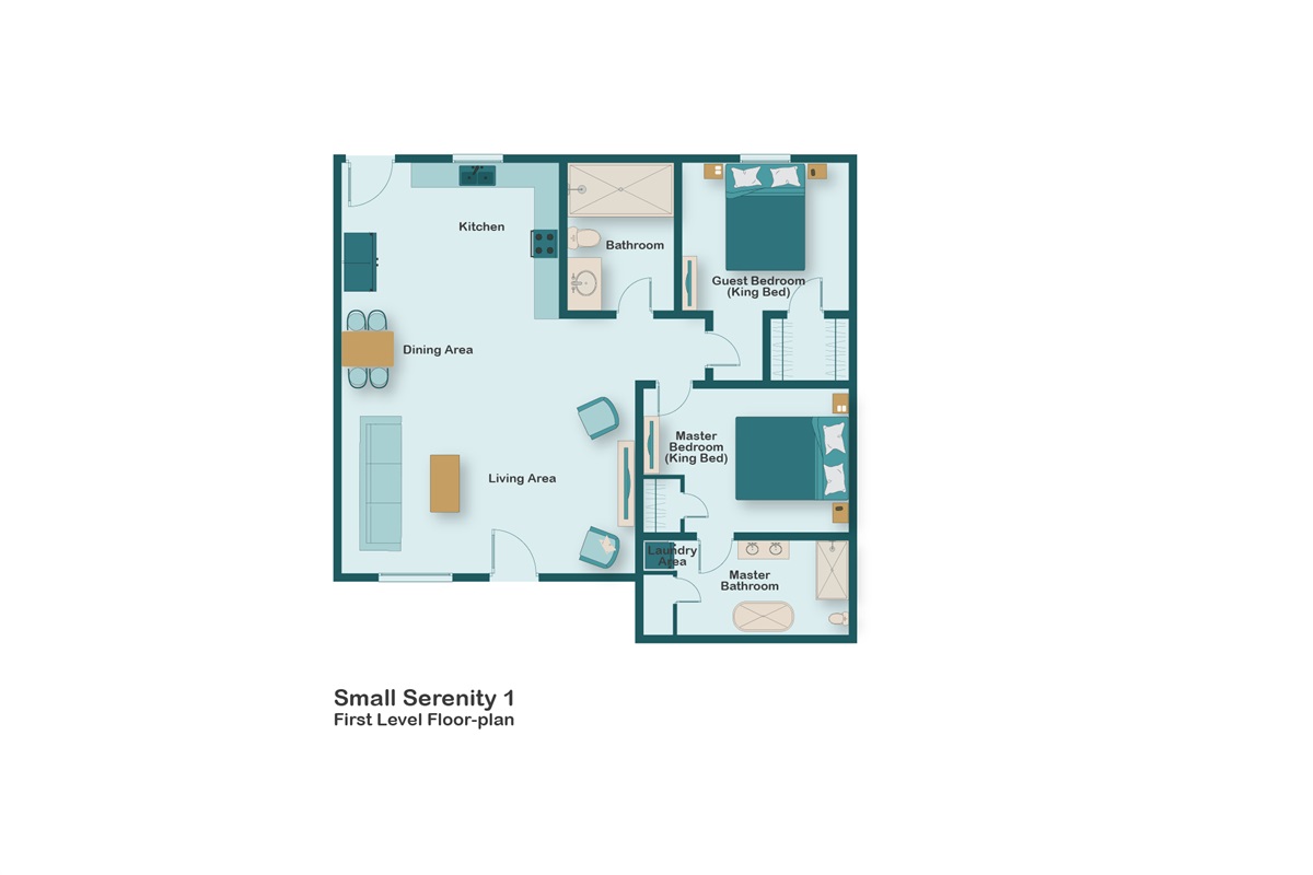 Small Serenity floorplan. Small Serenity 1 is Newly Remodeled and Professionally Designed in 2025 - New kitchen, bathrooms, flooring, furniture and appealing decor
