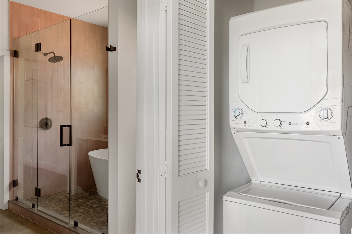 {Laundry} In-home laundry with a sleek stacked washer/dryer for total convenience.