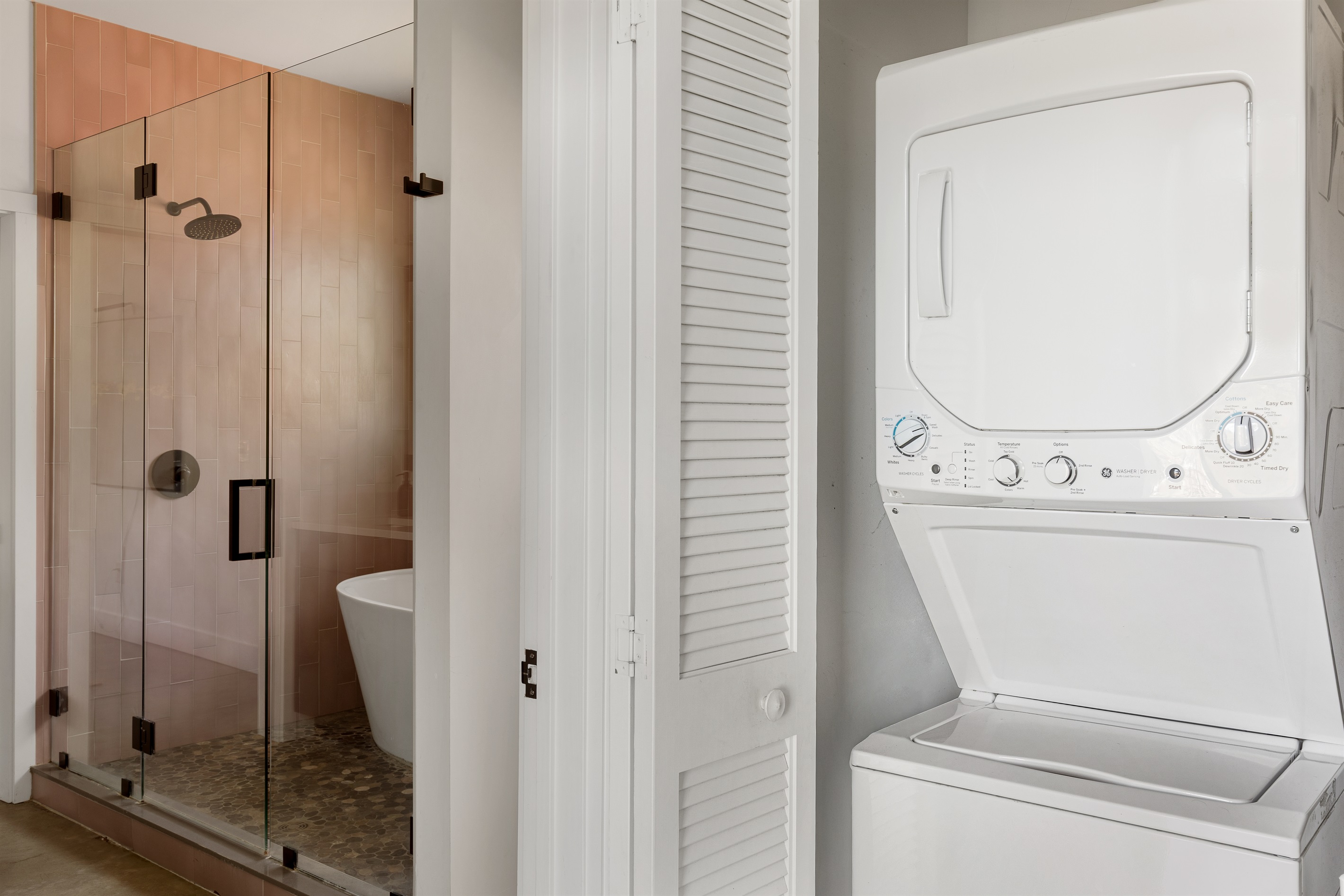 {Laundry} In-home laundry with a sleek stacked washer/dryer for total convenience.