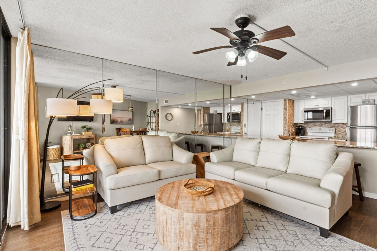 Comfy living room with private balcony, smart TV