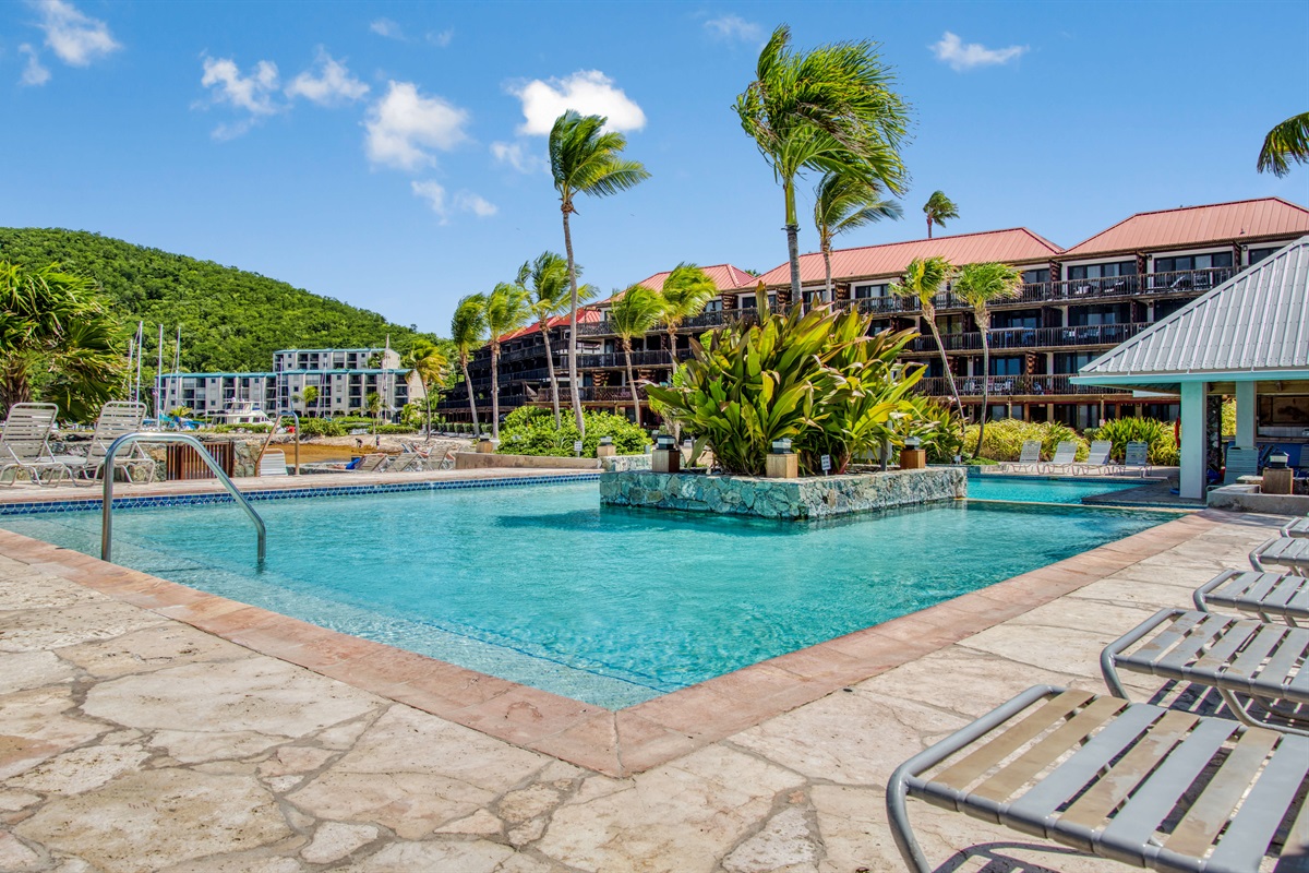 Sapphire Beach Resort's gorgeous pool is located in front of building D and on the beach!  The pool is solely for the use of Sapphire guests.