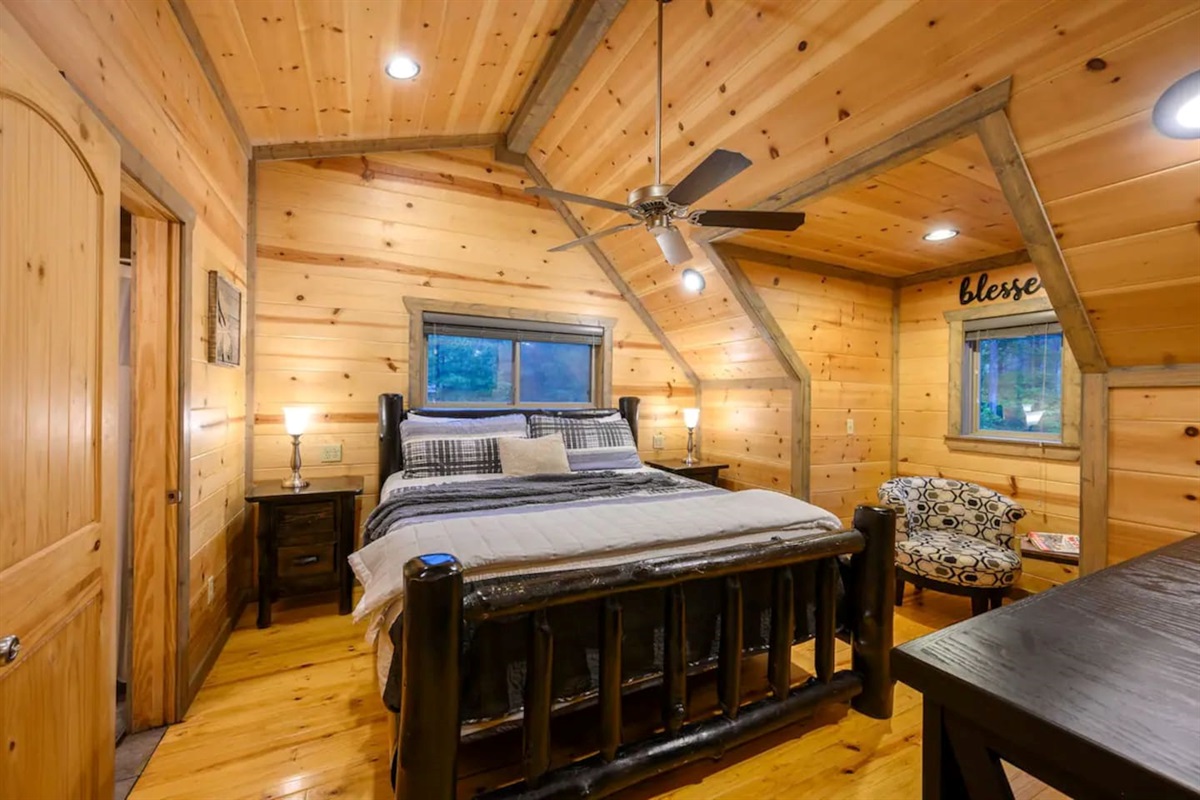 The upstairs master bedroom with a super comfy king bed.
