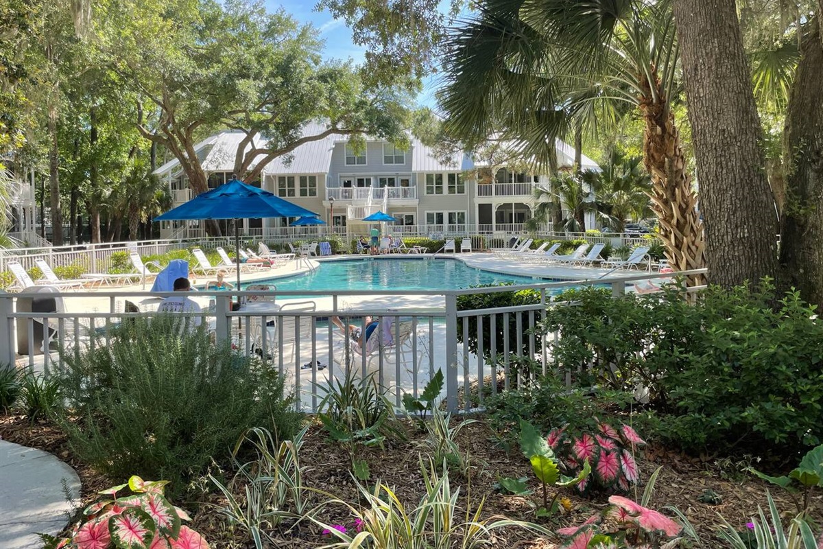 Community pool with kiddie pool and bath house 