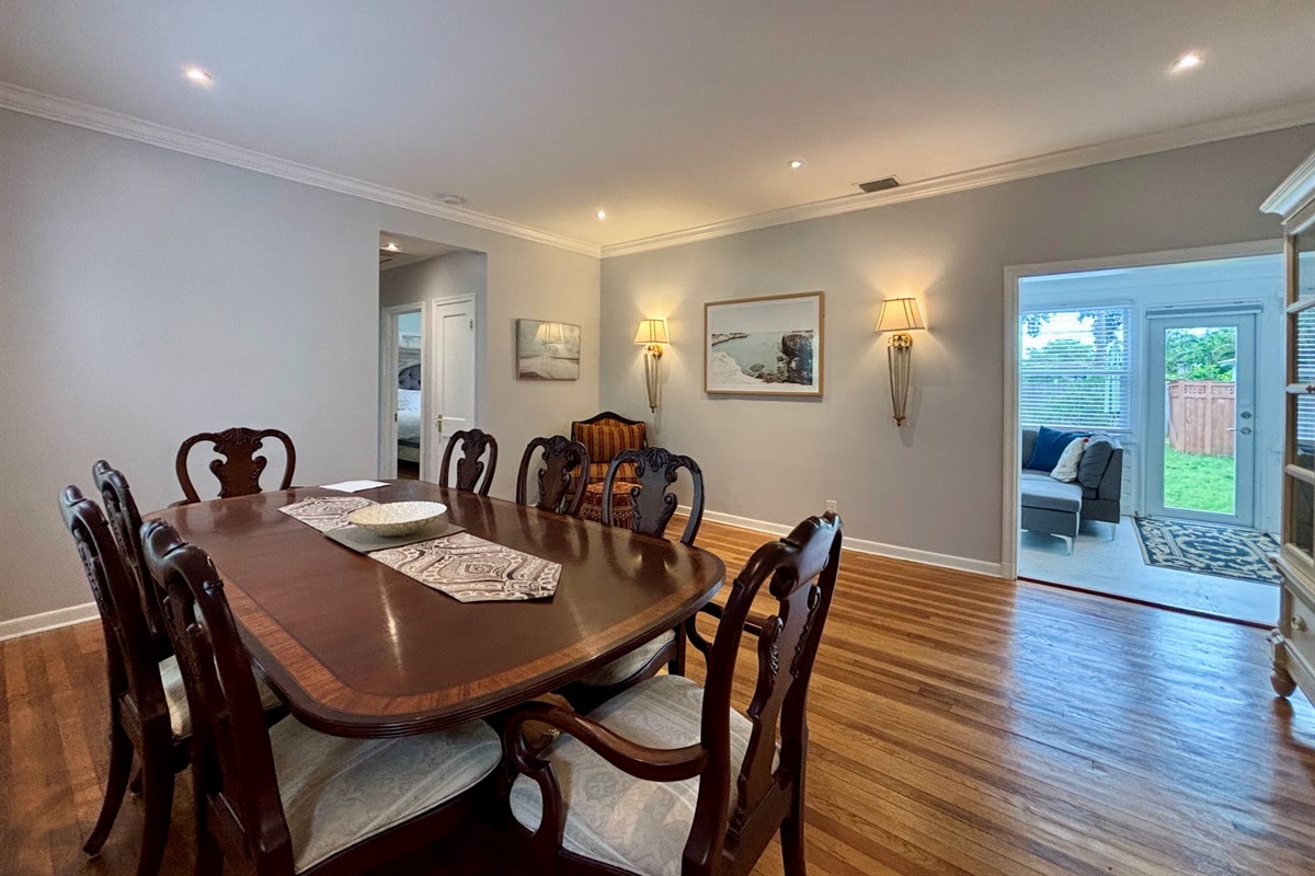 The large dining area has plenty of room for everyone to gather around the table for home-cooked meals together.