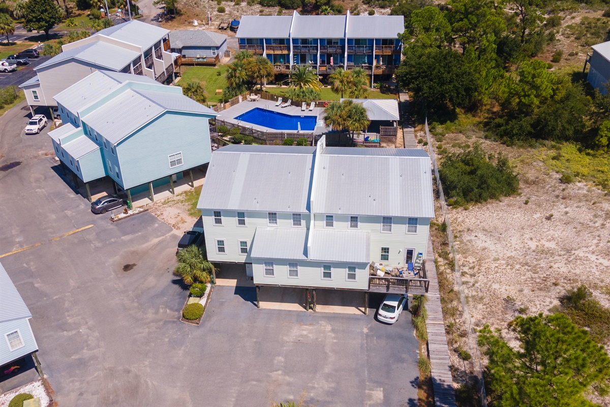 Overhead view of condo overlooking the pool