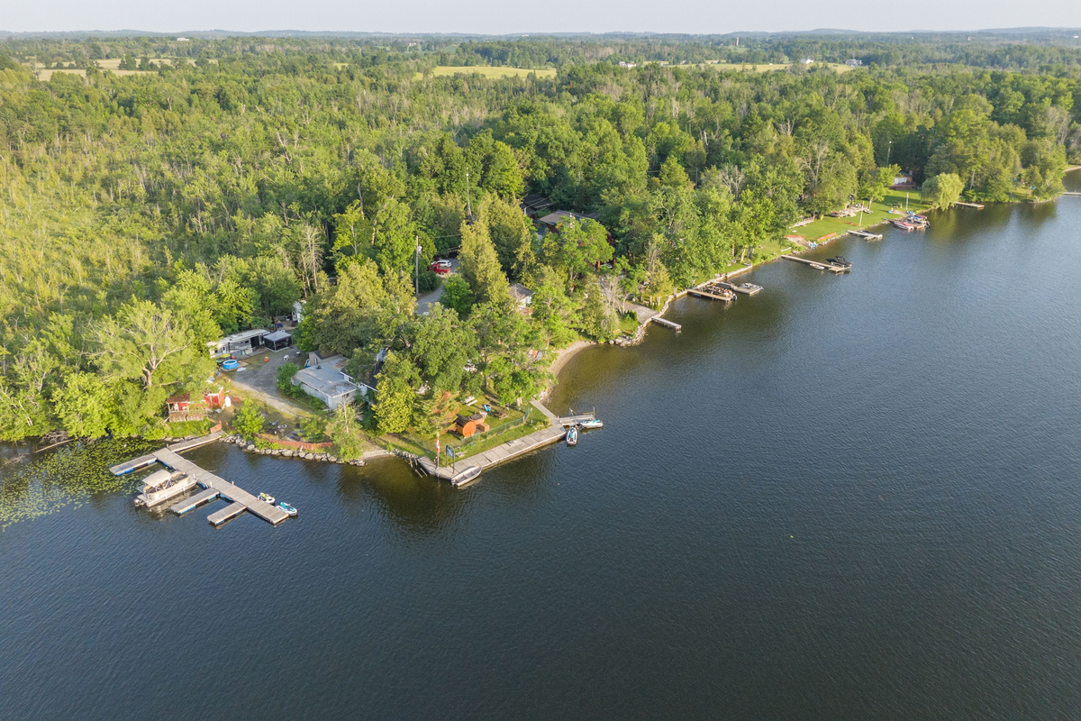 Wide aerial view of the forested waterfront property