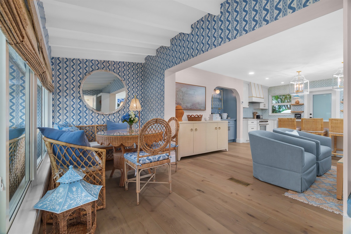 This light-filled dining nook blends natural textures and eye-catching design, offering a cozy place to share food and conversation.