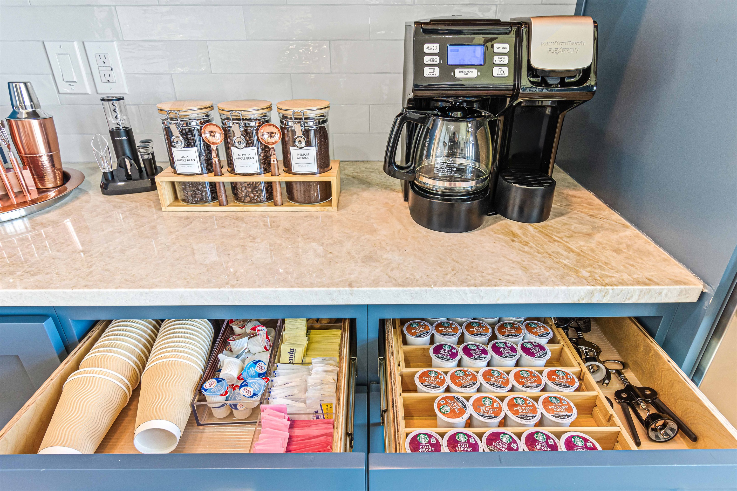 Fully-stocked kitchen - all coffee supplies ready to go.