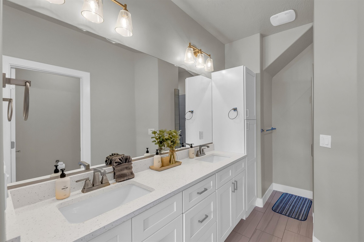 Ensuite with Dual Vanity & Gold Accents