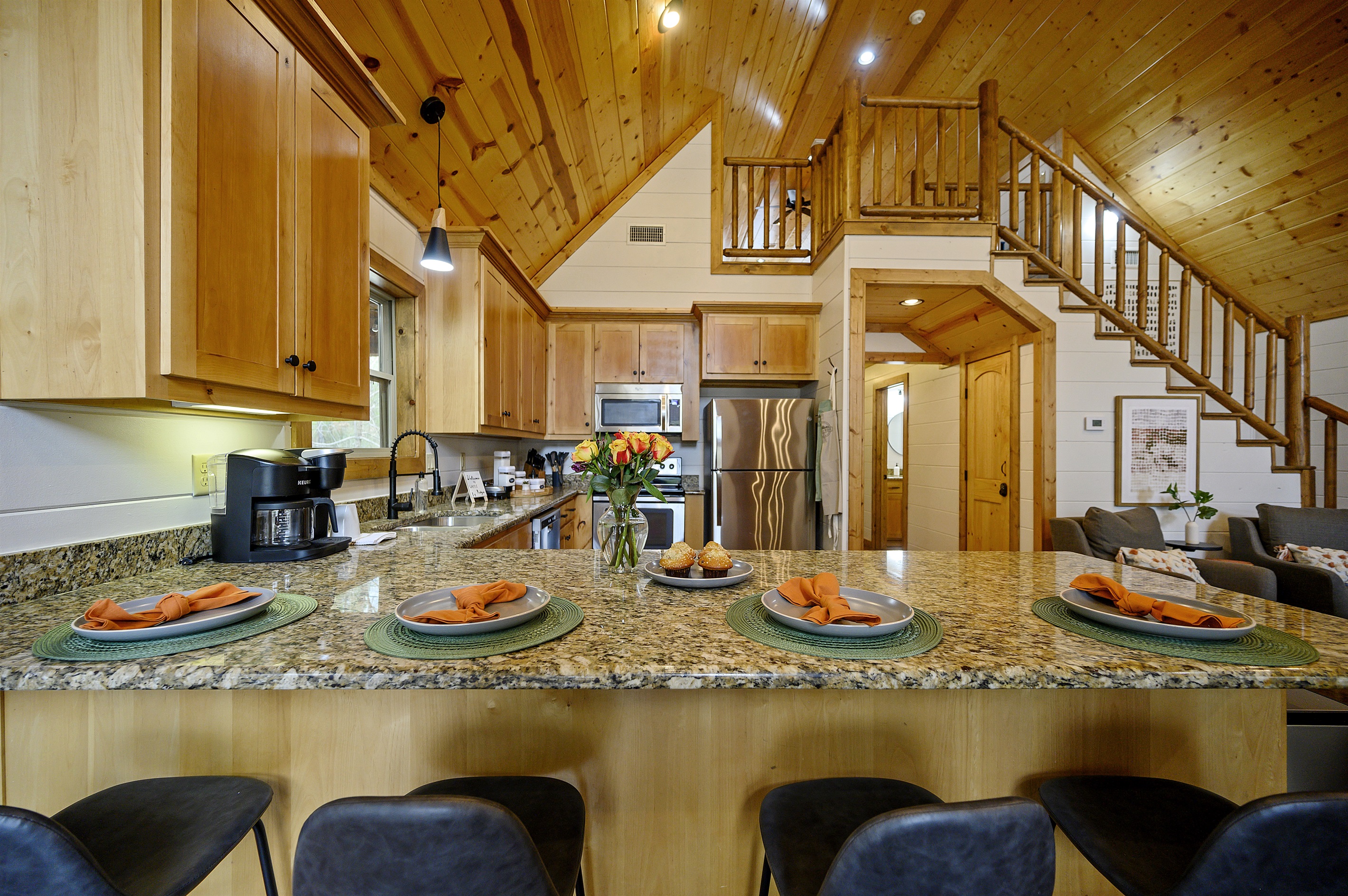 Enjoy a modern dining experience at our stylish L-shaped counter top table