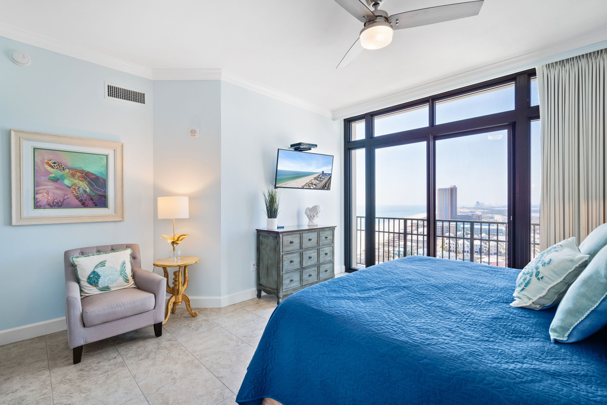 Master Bedroom with king bed, juliette balcony, & large master bath attached