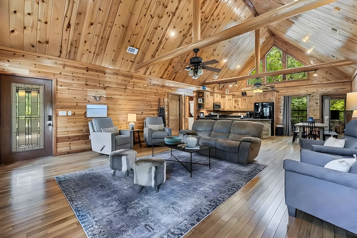 An open layout keeps the living room, kitchen, and dining areas connected.