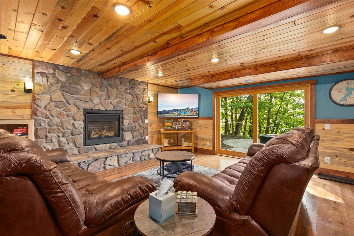 The fireplace is a perfect way to warm up after cross country skiing or snowmobiling or ice fishing in the Gull Lake area.