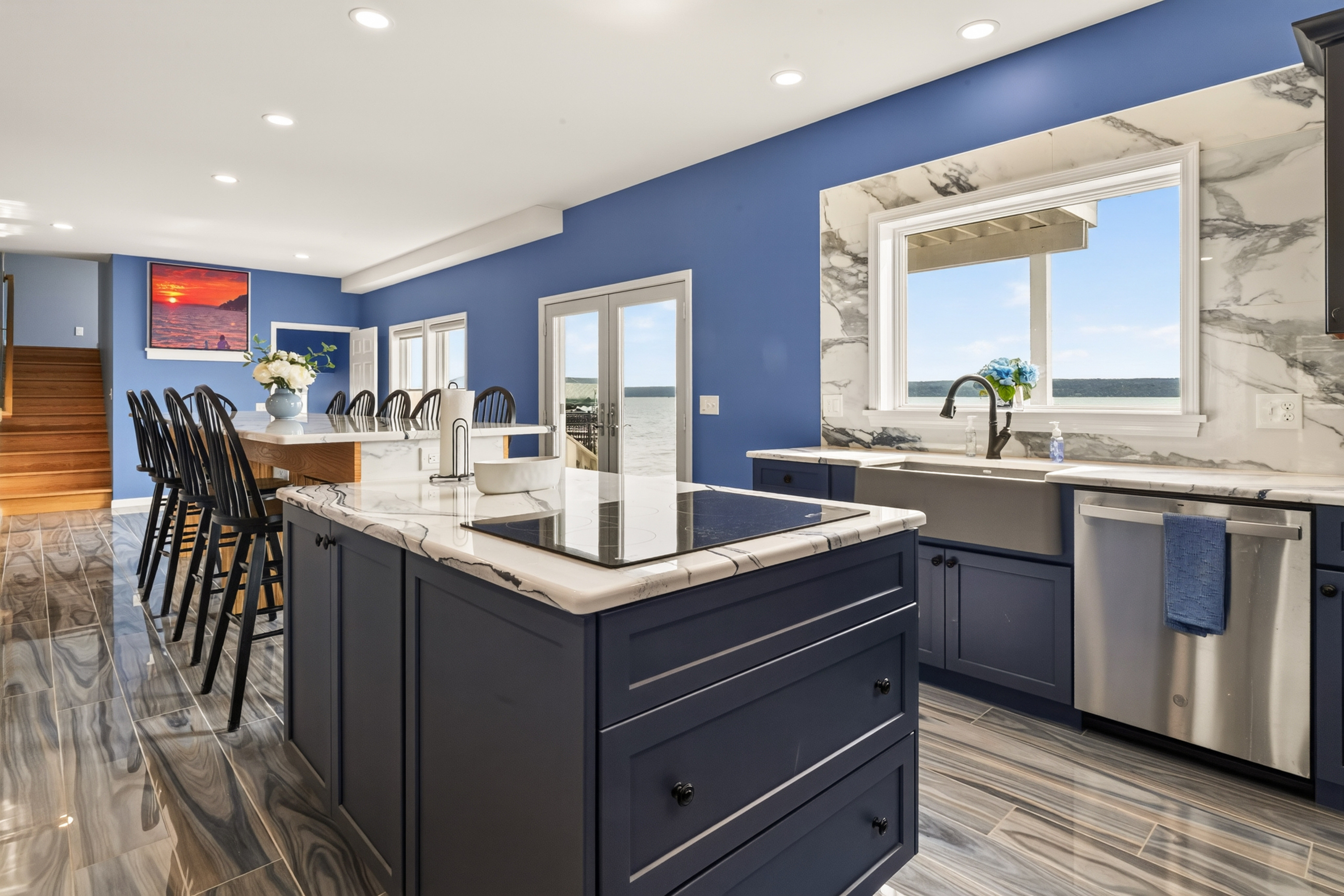 Kitchen island with seating and lake views