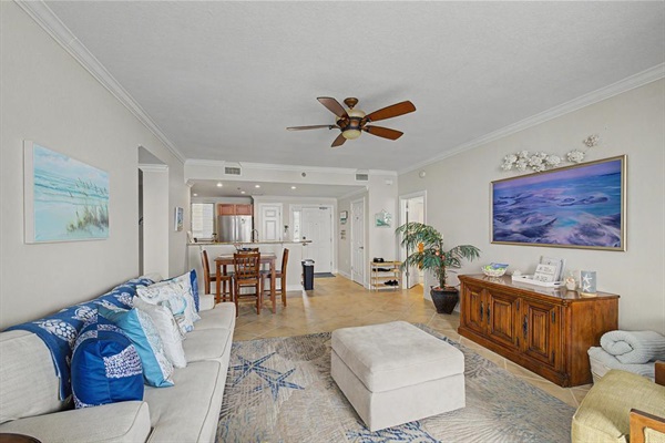 Family room, mounted frame TV can show a picture when not watching television.
