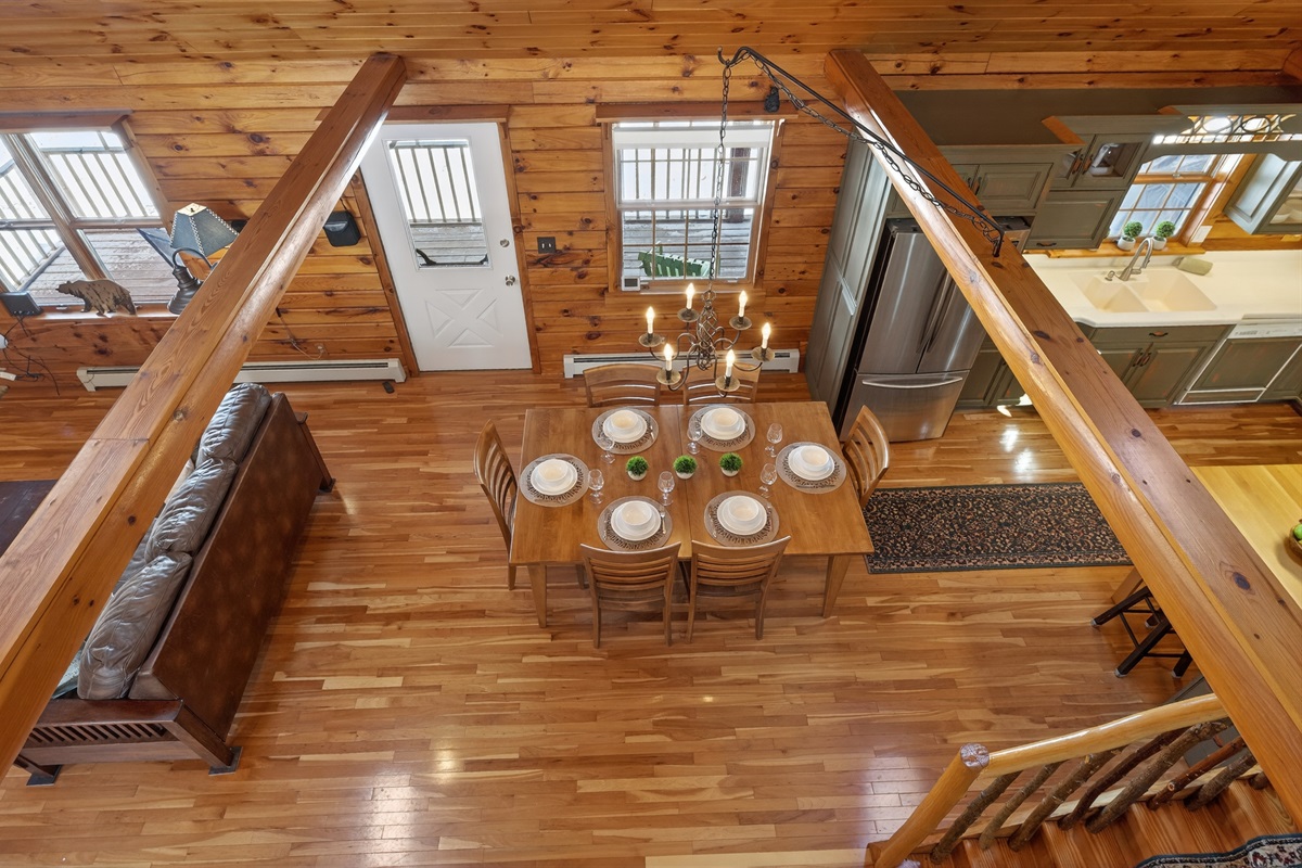 View of kitchen an dining area from upstairs