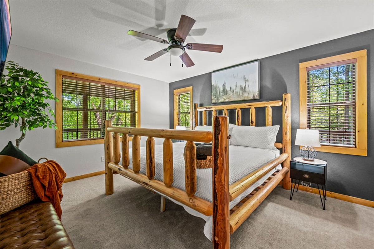 Main floor master bedroom with king bed.  Ensuite bathroom.