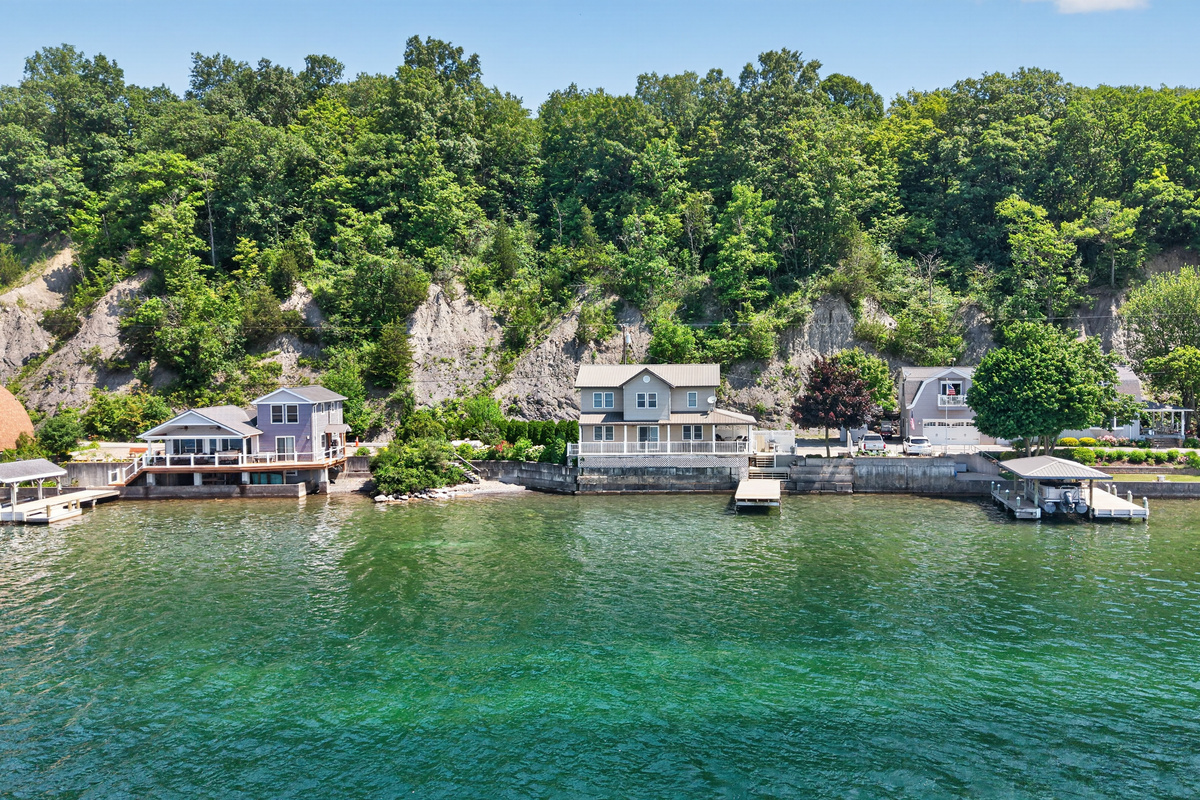 Aerial view of homes along the shoreline
