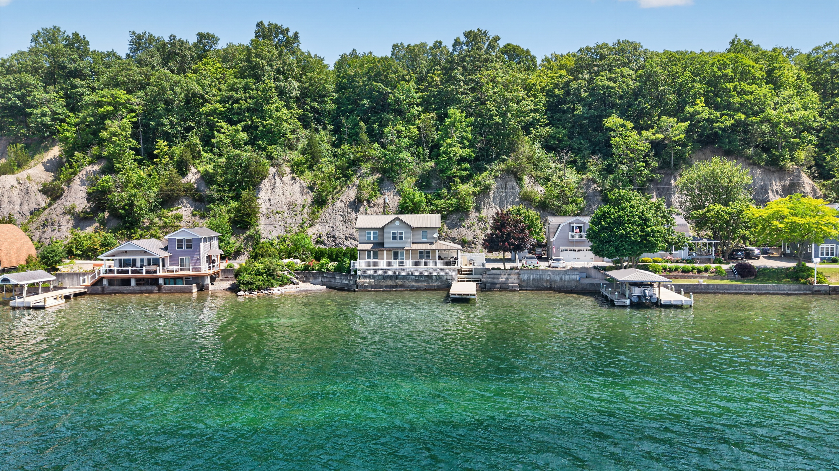 Aerial view of homes along the shoreline