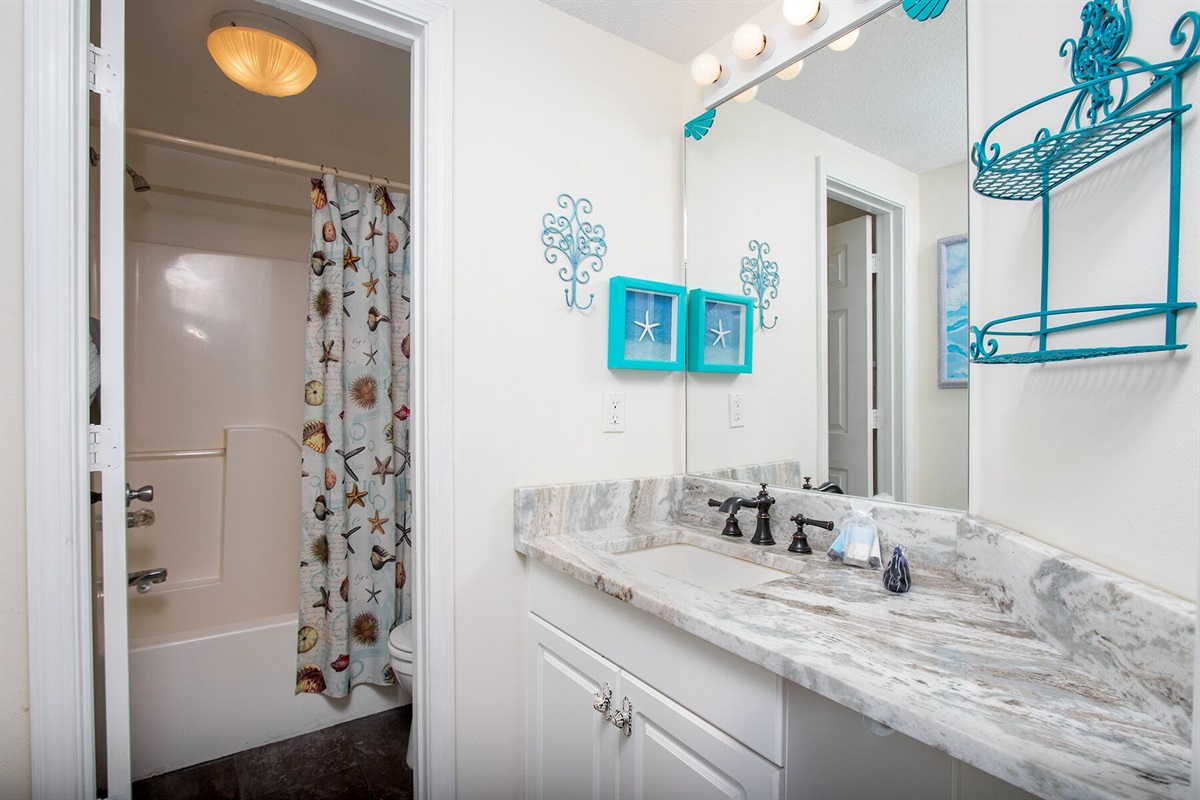 Main bath with a separate water closet for the tub/shower combo and toilet