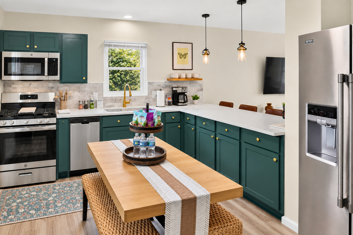Fully equipped eat-in kitchen with dishwasher, gas range & additional bar seating.