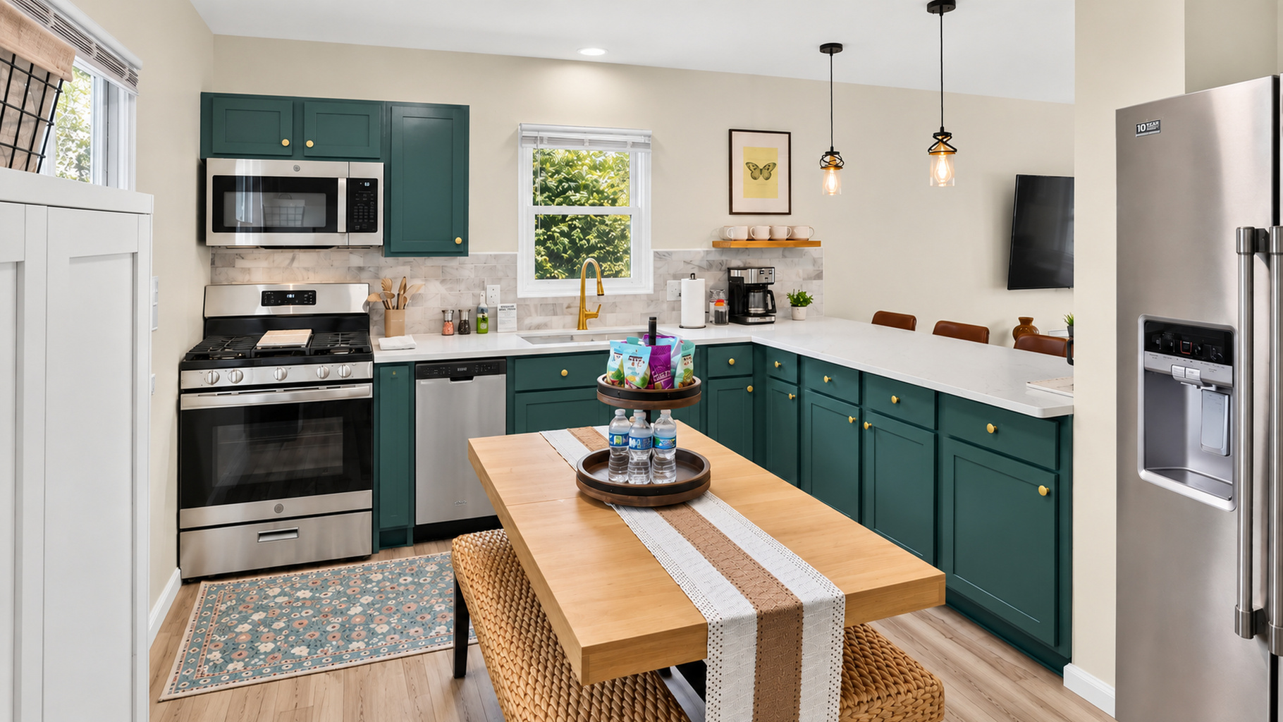 Fully equipped eat-in kitchen with dishwasher, gas range & additional bar seating.
