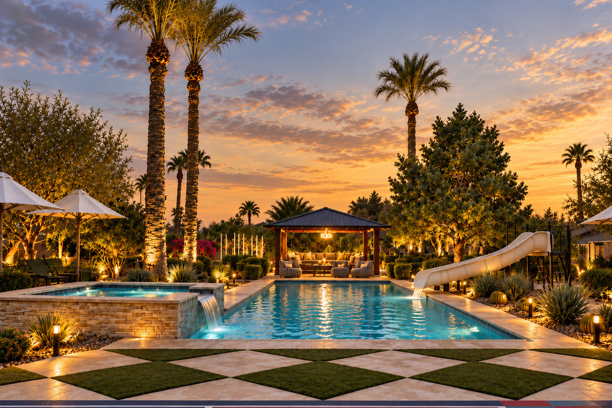 {Pool & Spa}  Your private Scottsdale oasis — featuring a heated 36x16 saltwater pool, 14-person hot tub, waterslide, and poolside movie pergola for unforgettable days and nights in the desert.
