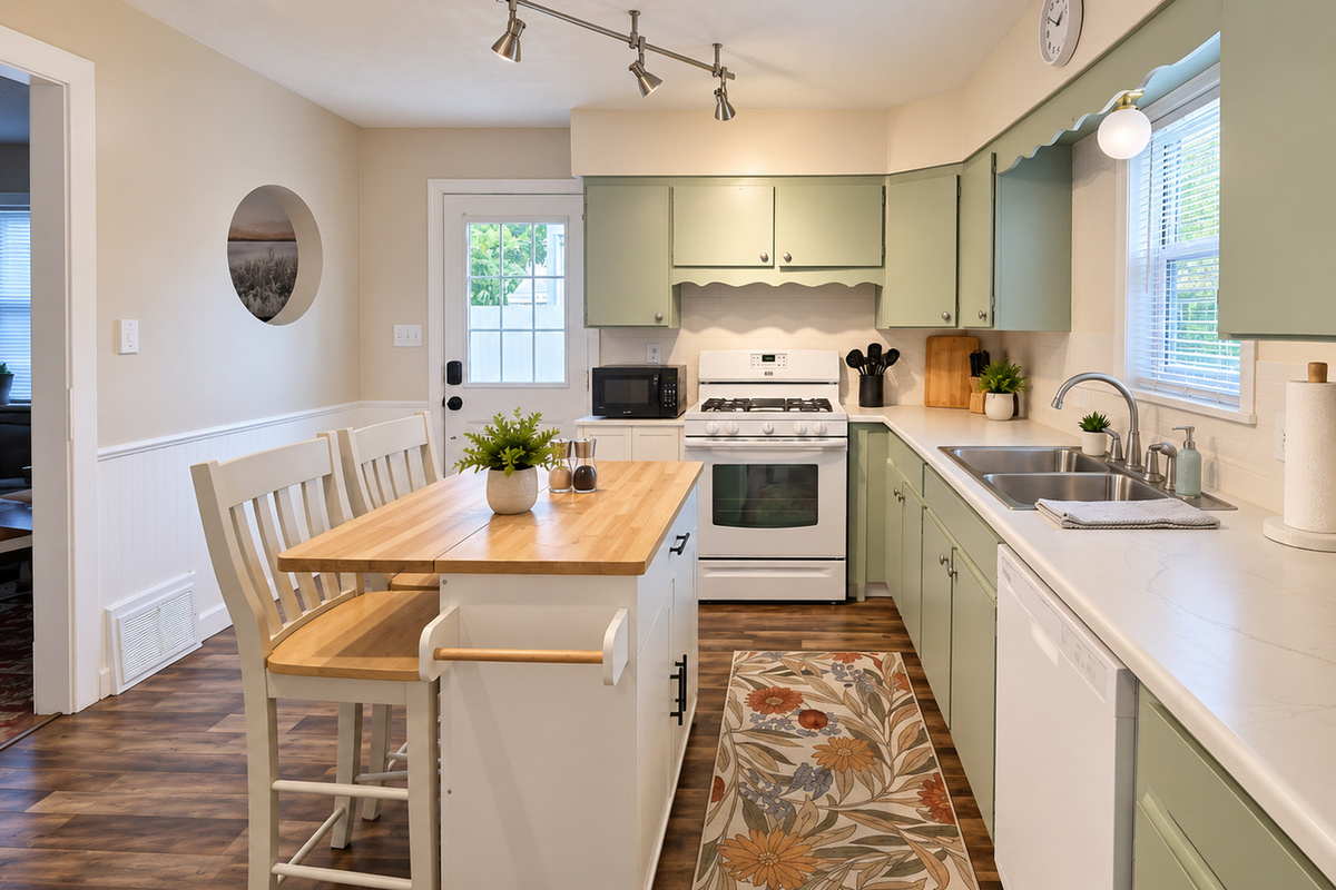 Full kitchen with island and plenty of room for preparing meals.