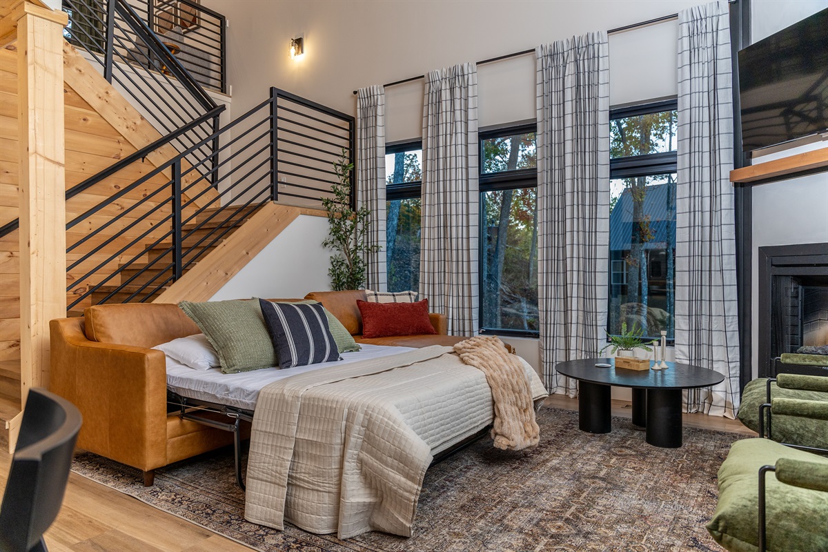 Pull-out couch with queen mattress.