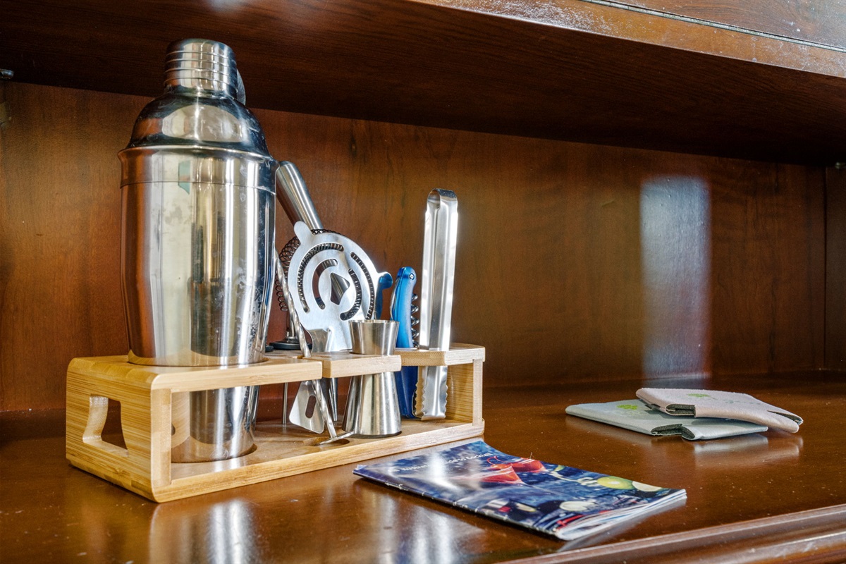 A stocked bar setup ready for evening drinks and laid back nights