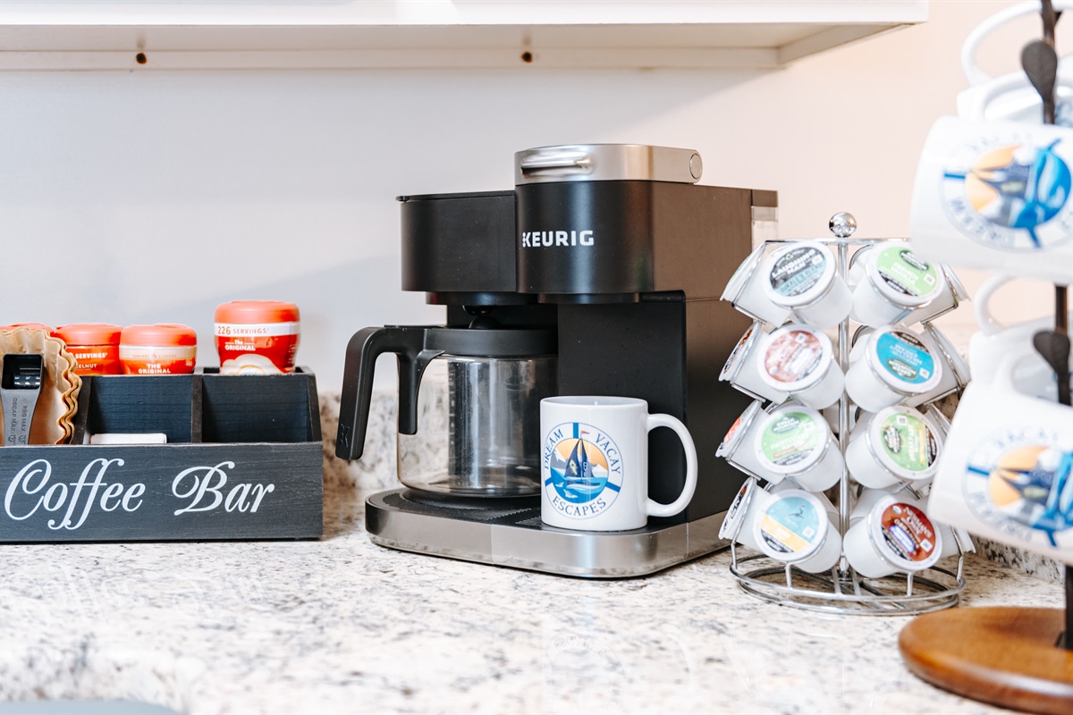 [Coffee Station] Indulge in the perfect morning ritual at our coffee station. Wake up to the aroma of freshly brewed delight, complete with a coffee maker and a selection of Keurig pods. Your perfect day starts here.