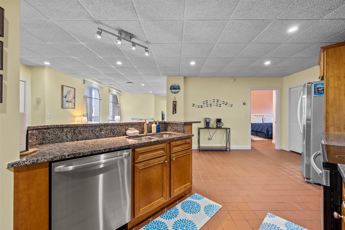 Smooth flow from kitchen to living areas designed for comfort and convenience