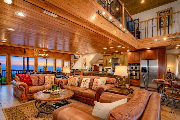 Great Room on the second level, open to the kitchen and the sunset, Tanasi Lodge