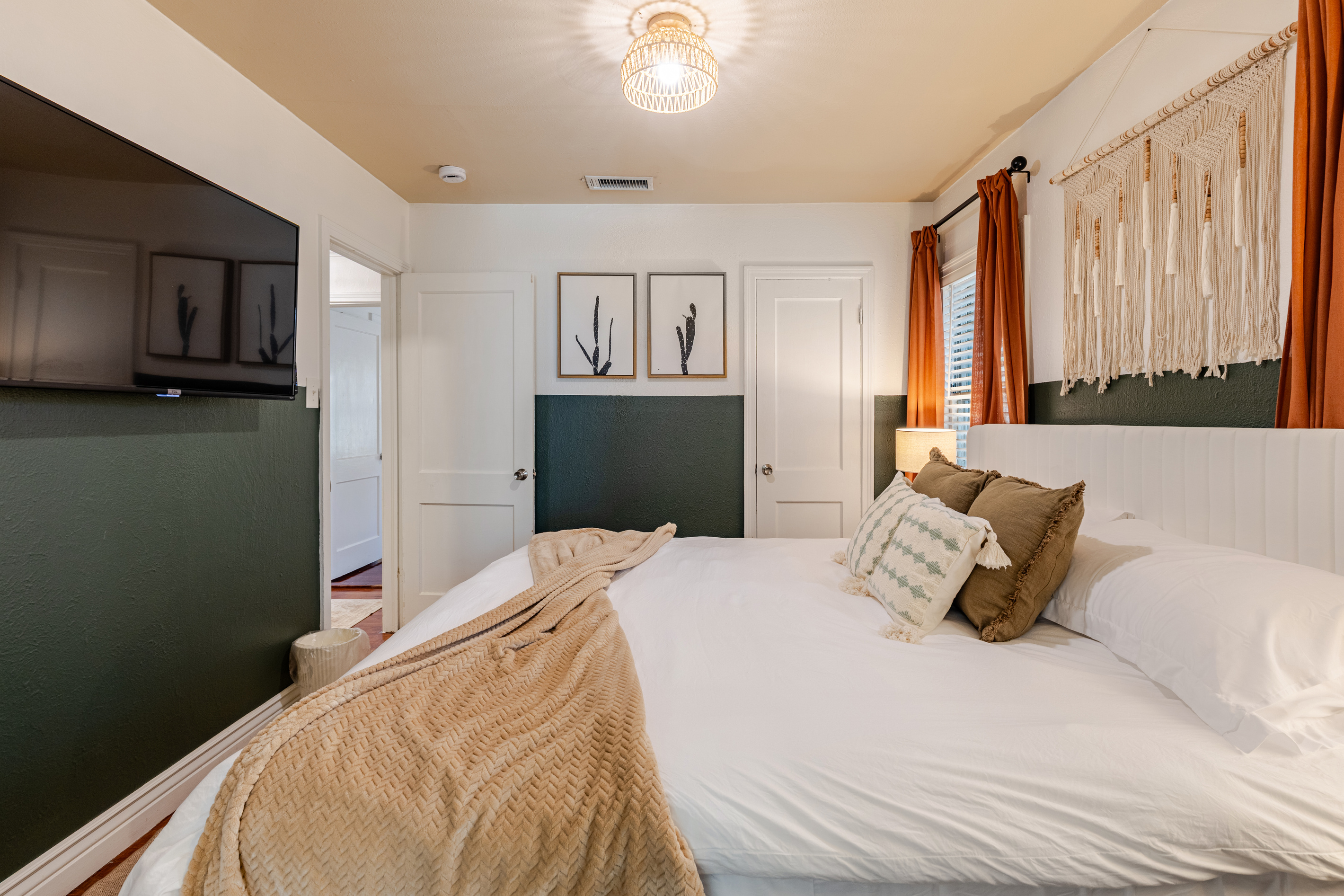 Stylish decor, inviting linens, and bright light await your peaceful getaway!