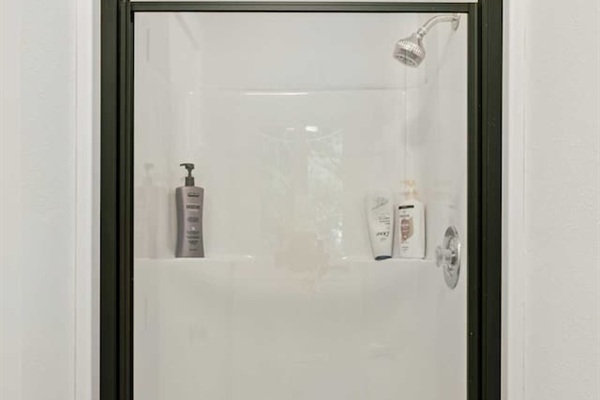 Master bathroom single shower stall, in separate room coming out of master bathroom which has this shower stall and toilet