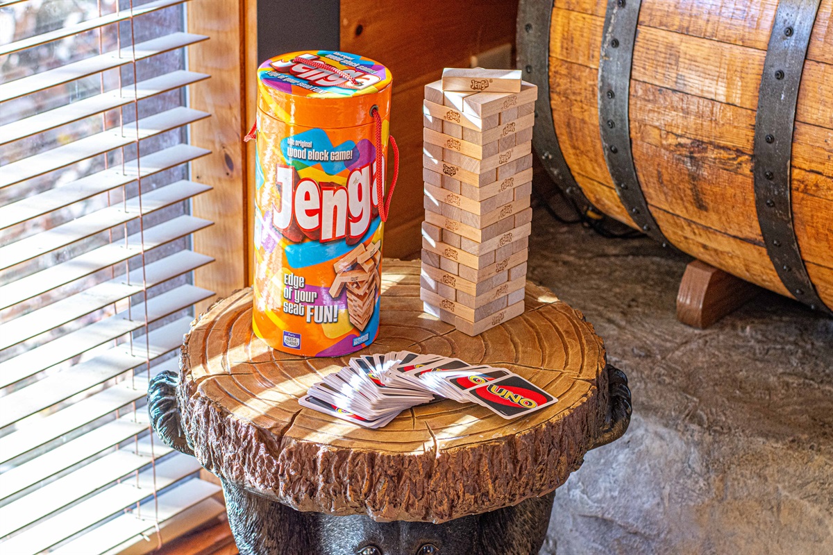 Game night, anyone? UNO on the table, Jenga ready to topple, and cozy vibes all around. Let the laughter echo through the Smokies! 🎲🃏🔥
