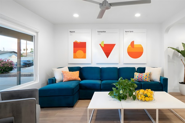 The luxurious sofa is the perfect spot to relax (queen sleeper sofa when needed)