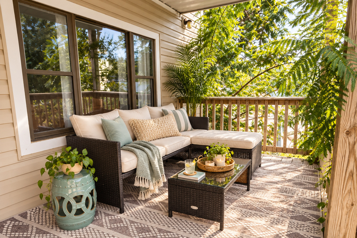 Outdoor living area— a great spot to read a book in the shade!