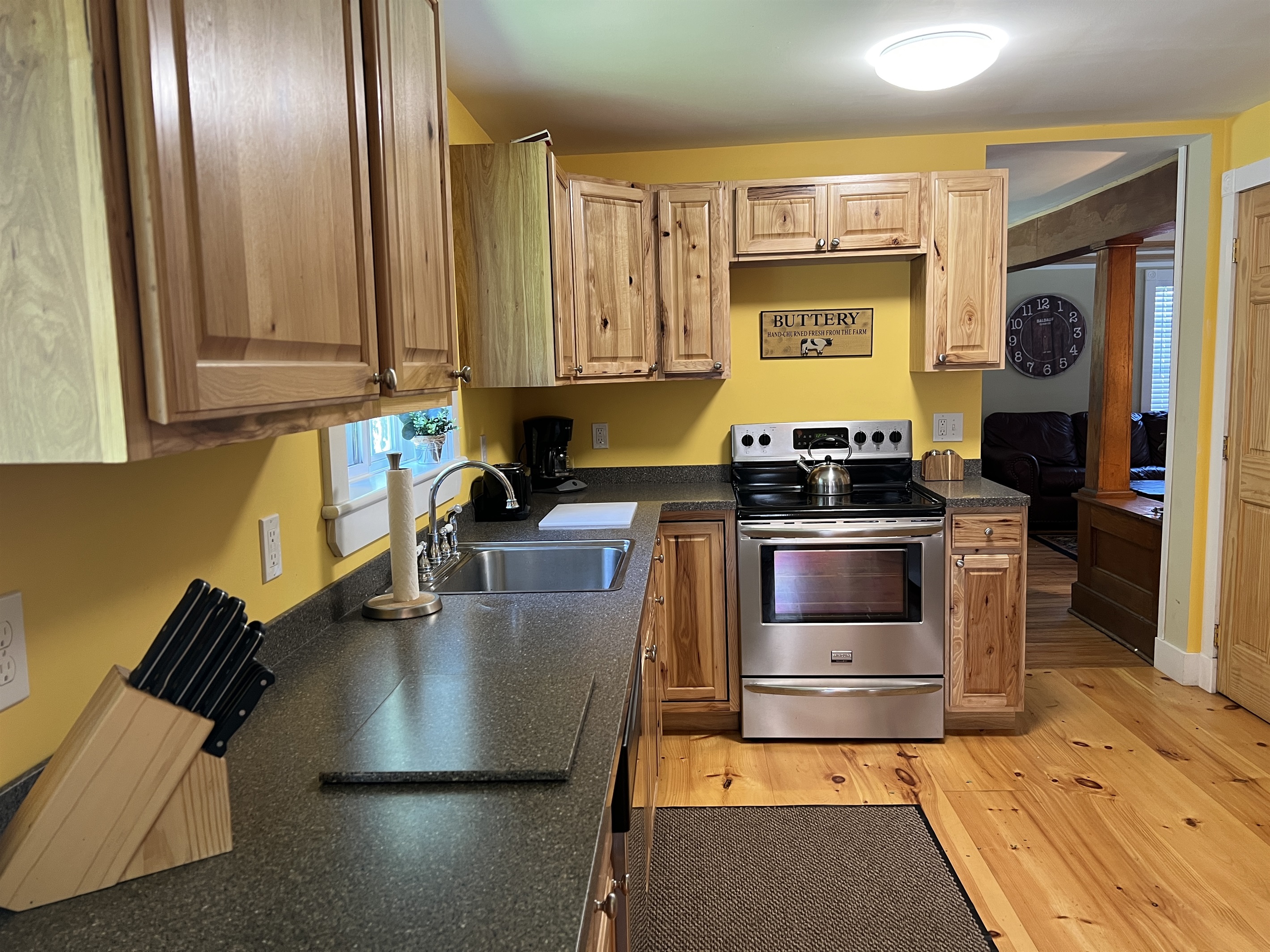 Kitchen with stainless steel appliances.
